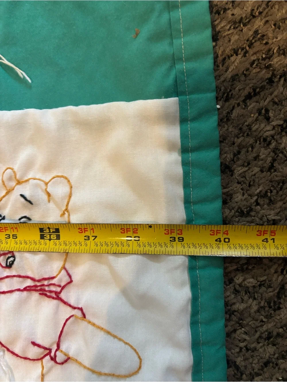 Hand-Embroidered Green and white Baby Quilt - Winnie-the-Pooh Motifs